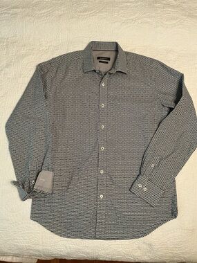 Bugatchi Men's M Shaped Fit Navy, Blue & White Geometric Print Button Down Shirt
